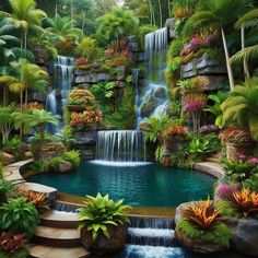 this is an image of a beautiful garden with waterfalls and tropical plants in the background