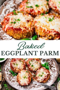 baked eggplant parmesan meatballs on a platter with text overlay