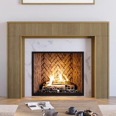 Hewitt 48x42 Wood Mantel - Blonde Stain Wooden Fireplace Mantle Surround, Modern Fireplace Mantle, Mid Century Fireplace Makeover, Tile Fireplace Surround, Fireplace Walls, Wood Fireplace Surrounds, White Mantel, Fireplace Mantel Surrounds, Mantel Surround