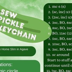 the instructions for sew pickle keychain are shown in green and white