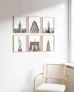 a white chair sitting in front of a wall with pictures hanging on it's side