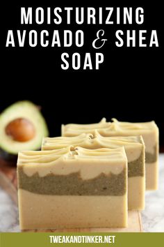 avocado and shea soap on a cutting board with an avocado in the background