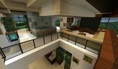 an aerial view of a living room and bedroom area in a minecraft style house