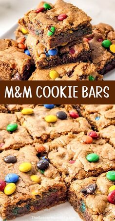 m & m cookie bars stacked on top of each other with the title above it