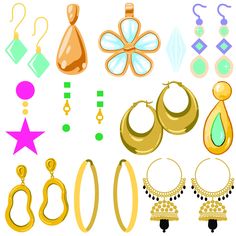 an assortment of earrings and jewelry on a white background