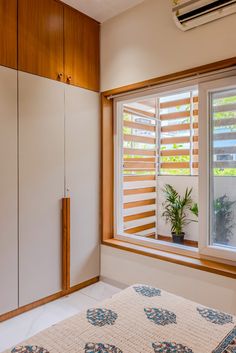 a room with a bed, window and plant in the corner on the wall next to it