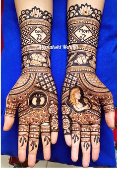 two hands with henna tattoos on them, one is showing the woman's face