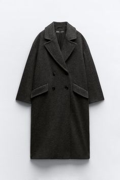 SOFT OVERSIZE TEXTURED COAT - Dark grey | ZARA United Kingdom Dark Grey Coat, Lapel Collar Coat, Gray Wool Coat, Textured Coat, Grey Trench Coat, Zara Coat, Long Wool Coat, Double Breasted Trench Coat, Tweed Coat