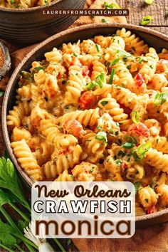 a bowl filled with pasta and garnished with parsley on the side, next to another bowl full of macaroni and cheese