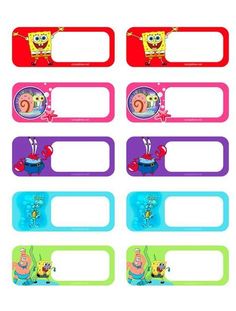 spongebob name tags are shown in different colors and sizes, with cartoon characters on them