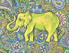 an elephant is standing in the middle of some flowers and paisleys with blue, green, yellow, and white colors