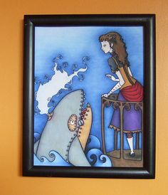 there is a painting on the wall with a woman looking at a shark in it's mouth