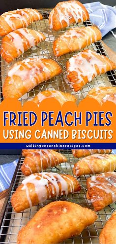 fried peach pies on a cooling rack with text overlay