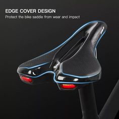 an image of a bicycle seat cover with blue lines on it and the words edge cover design protect the bike saddle from wear and impact