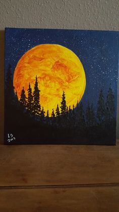 a painting of a full moon in the night sky with trees and stars painted on it