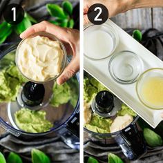 two pictures showing how to make guacamole in a blender with ingredients