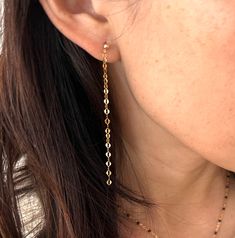 14k gold fill chain hangs from a ball post to make these super sparkly earrings. Lengths available: 2 inches, 2.5 inches, 3 inches (shown) YOUR ORDER - Choose length in the drop-down menu. - You can select expedited shipping at checkout. Please note that shipping time does NOT include production time. - Item comes packaged in a jewelry box. Long Drop Earrings With Cable Chain For Gift, Long Drop Cable Chain Earrings As Gift, Long Drop Cable Chain Earrings For Gift, Dangle Linear Earrings With Cable Chain As Gift, Gift Linear Dangle Earrings With Cable Chain, Gift Cable Chain Dangle Linear Earrings, Four Leaf Clover Necklace, Toggle Necklace, Clover Necklace