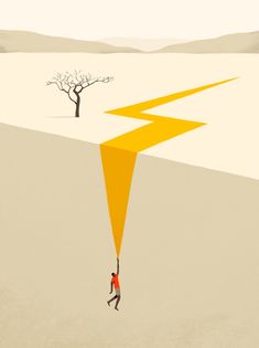 a man holding onto a yellow arrow in the middle of an empty desert with a lone tree