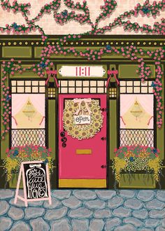 a painting of a store front with pink doors and flowers on the outside, next to a sign that says i love you