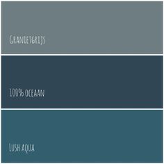 three shades of blue and grey with the words, ocean, lush aqua on them