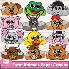 farm animals paper crowns on a wooden background with the words farm animals in different colors