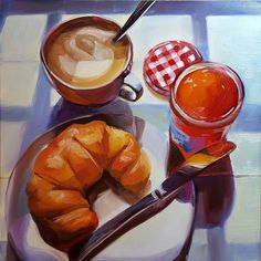 a painting of coffee and croissants on a plate