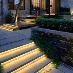 some steps lit up with lights in front of a house