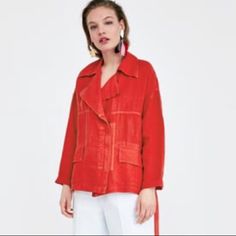 Linen Jacket With Utility Pockets And Optional Waist Tie. There Is A Zipper. The Color Zara Calls “Light Red” But Is More A Tomato Orangey Red. Really Great Piece The Way It Hangs On The Body. Just Needs To Be Steamed. Red Long Sleeve Outerwear For Spring, Casual Red Blazer For Fall, Zara Casual Summer Outerwear, Red Summer Outerwear With Pockets, Red Outerwear With Lapel Collar For Fall, Red Lapel Collar Outerwear For Fall, Red Summer Workwear Outerwear, Red Long Sleeve Workwear Outerwear, Red Spring Outerwear With Pockets