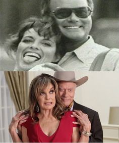 two pictures one with a woman and the other has a man in a cowboy hat