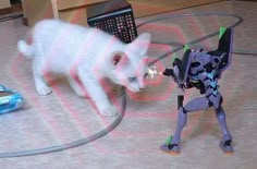 a white kitten playing with a robot toy on the floor next to a computer mouse