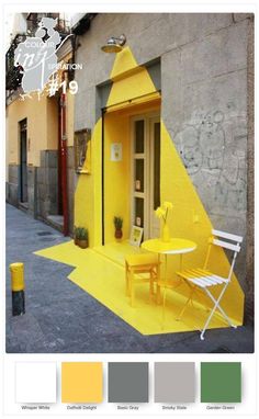 two pictures of a yellow building with chairs and tables on the outside, in front of it