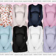 six long sleeved bodysuits are shown in multiple colors and sizes, with the same