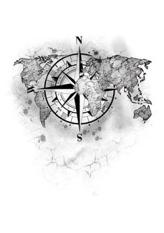 a black and white drawing of a map with a compass on it's side