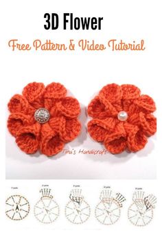 two crocheted flowers are shown with the text, free pattern and video guide