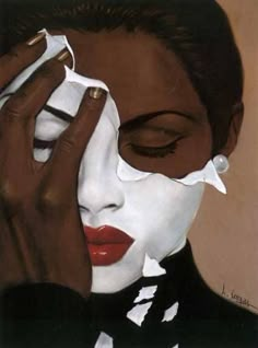 a painting of a woman with white face paint holding her hands to her face and covering her eyes