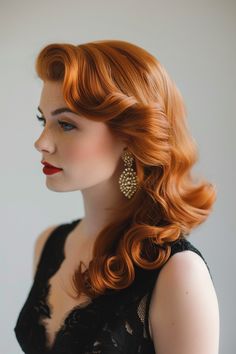 74+ Captivating Copper Hair Color Ideas Hollywood Side Swept Hair, Long Red Hair Hairstyles, Rich Lady Hairstyle, Balayage Hollywood Waves, Old Hollywood Red Hair, Vintage Hairstyles For Wedding, Hollywood Waves Red Hair, Long Red Hair Styles, Hairstyle To The Side