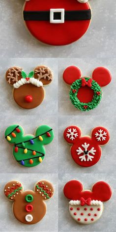 decorated cookies are arranged in the shape of santa's hat and reindeers head