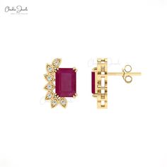 Description This stunning AA quality natural Ruby with the dazzling white diamond Statement style of I1-I2/G-H clarity & color is crafted in 14k solid gold. A Emerald cut Ruby gemstone set with Prong settings surround with diamonds. Ruby is an official birthstone for the month of July and a symbol of balance, hope, and peace. The 7X5mm Emerald cut gemstone is flanked by 14 pcs of dazzling 1mm white diamonds together to create a Statement Style frame. Product Details SKU CJ-E-1453-R Metal 14K sol 14k Gold Diamond Gemstone Earrings, Ruby Diamond Earrings With Prong Setting For Anniversary, Ruby Earrings With Prong Setting For Anniversary, Diamond Studs Earrings, Ruby Earring, Pear Earrings, Pink Ruby, Highlight Icons, Ruby Earrings