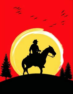 a man riding on the back of a horse in front of a red sky with birds