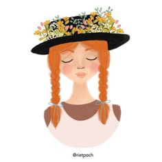 a drawing of a girl with red hair wearing a black hat and flowers on her head