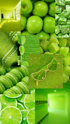 green and yellow collage with apples, lemons, limes, sunglasses