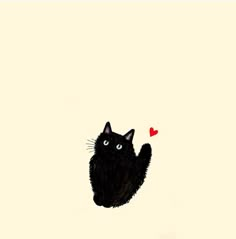 a black cat sitting on its back with a red heart in it's mouth