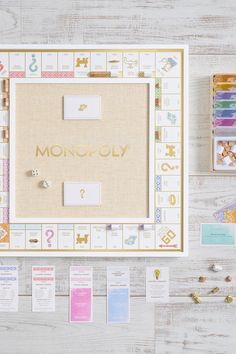 Fresh as a summer breeze, this MONOPOLY Bianco Edition features casually elegant design in white with accents of colorful patterns. Brightens any décor from beach house to town house, with a gold foil-stamped wood-framed game board, and a grass cloth-textured center rolling area. Premium contents include vibrant, full-color Title Deeds, Chance and Community Chest cards, MONOPOLY money and more. The die-cast tokens are gold-toned, the houses and hotels are solid wood in white and natural, and a c Aesthetic Board Games, Monopoly Property Cards, Art Final Project, Community Chest Cards, Custom Monopoly, Monopoly Cards, Monopoly Money, Monopoly Board, Board Game Table