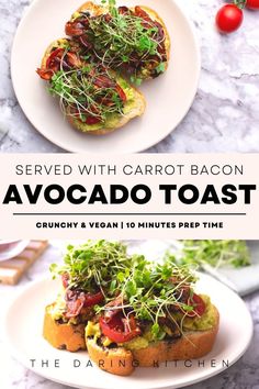 an avocado toast on a plate with the title served with carrot bacon and garnish