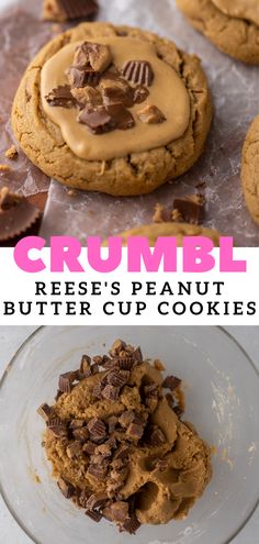 peanut butter cup cookies with chocolate chips in the middle and crumbl reese's peanut butter cup cookies on top