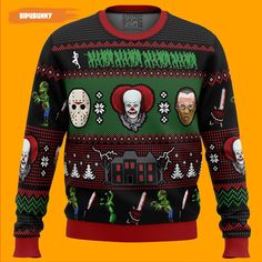 an ugly sweater with the faces of horror and clowns on it, all over