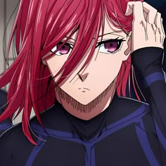 an anime character with red hair and pink eyes looking at the camera while holding his hand up to his ear