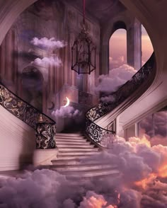 there is a stairway in the sky with clouds surrounding it and a chandelier hanging from the ceiling