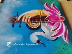 a painting on the ground with a person holding a guitar next to a swan and flower