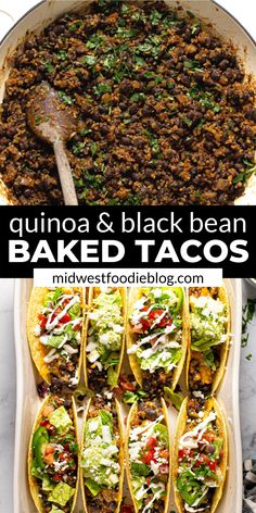 an image of baked tacos with black beans and lettuce in the middle